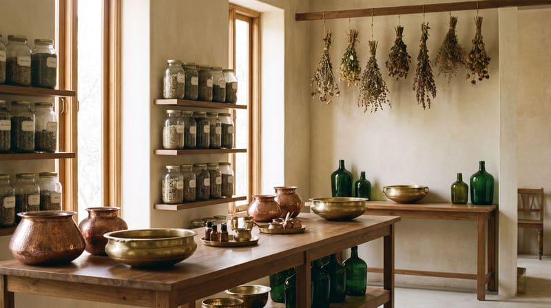 Brass and copper vessels in a calm preparation room