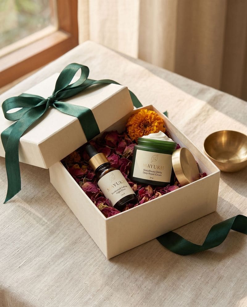 A handmade gift box with Kumkumadi elixir and Ghrita cream on rose petals