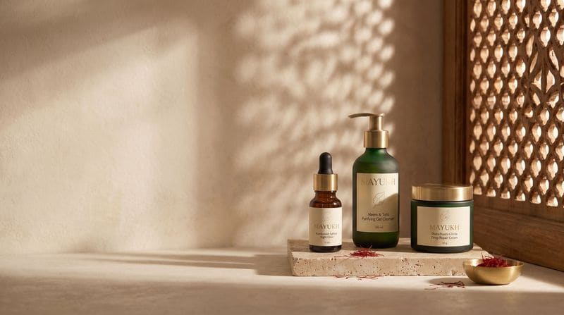 Saffron night elixir, Neem and Tulsi cleanser and ghee cream on travertine in jaali window light